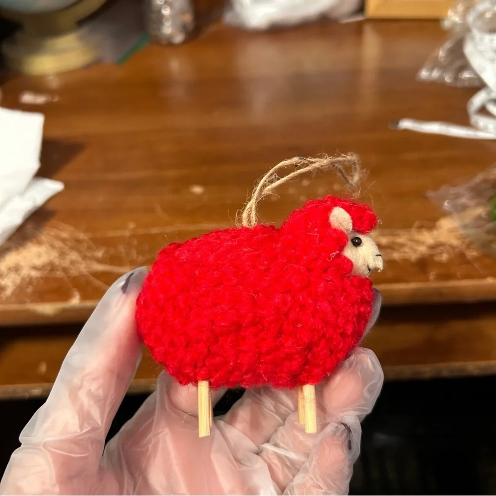 Red Fuzzy Sheep Christmas Ornament - “Candles”